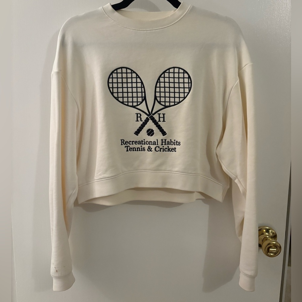 Recreational Habits Cropped White Embroidered Tennis Sweatshirt 100% Cotton